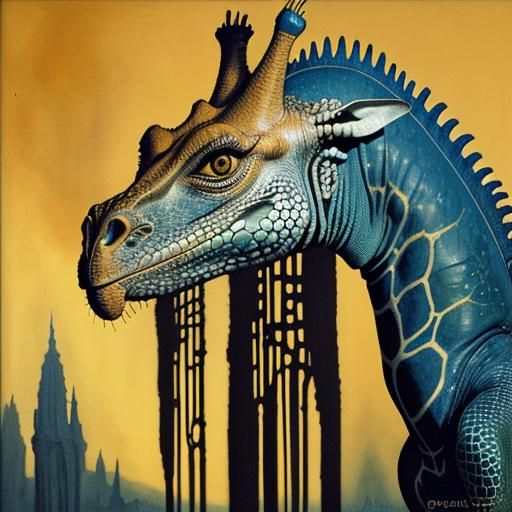 Surreal Giraffe-Iguana in Dark Fantasy Watercolor Style