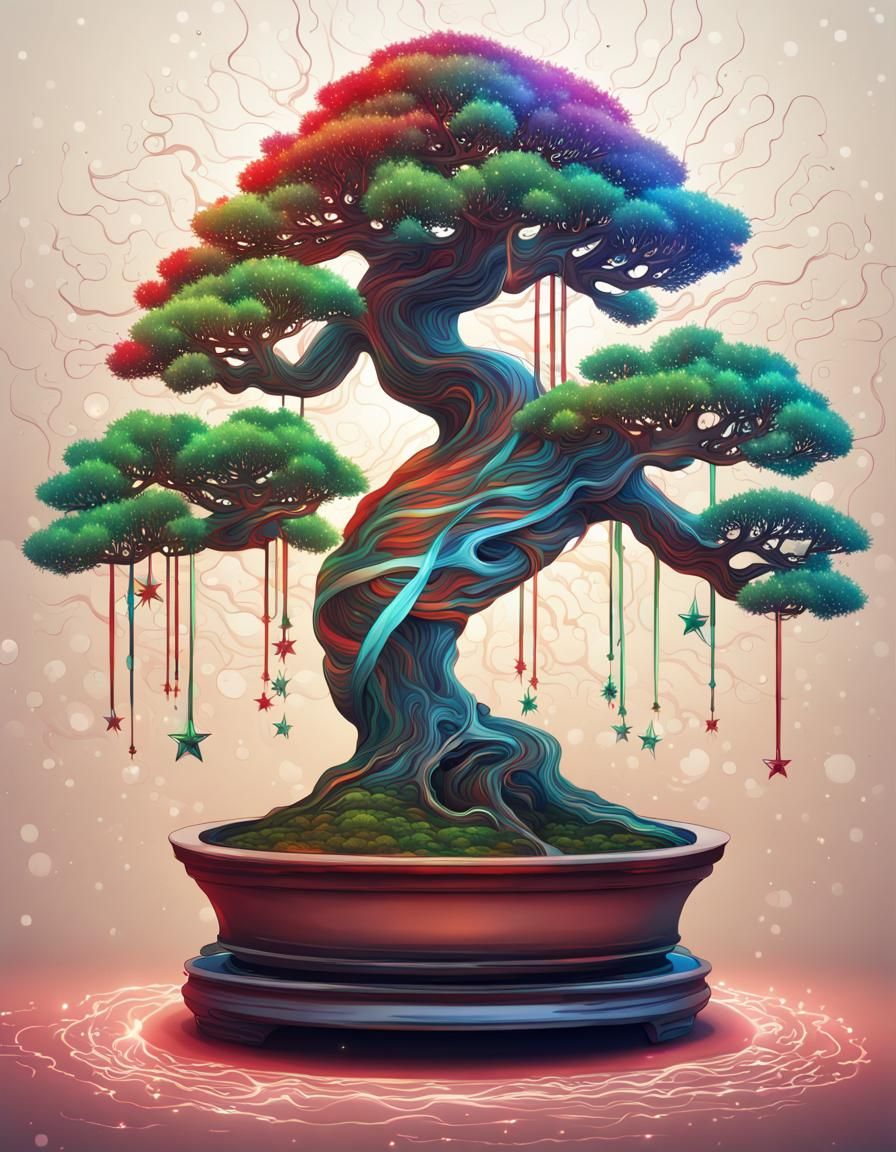 Christmas Bonsai Tree: Hyperrealistic Digital Art