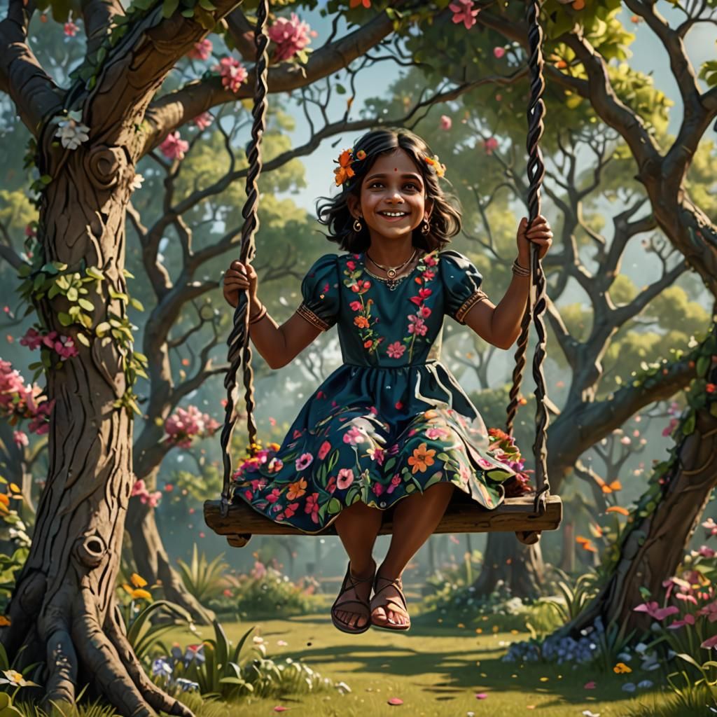 Girl on Swing: Detailed Digital Painting in Garden