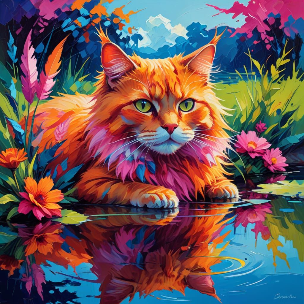 Surreal Feathered Cat in Fauvist Fantasy Landscape