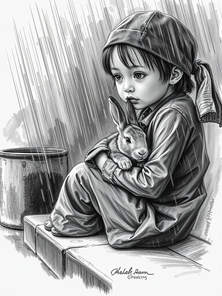 Girl Huddles With Rabbit in Downpour