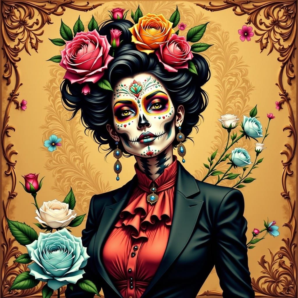 Latina Sugar Skull Woman in Mexican Folk Art Style