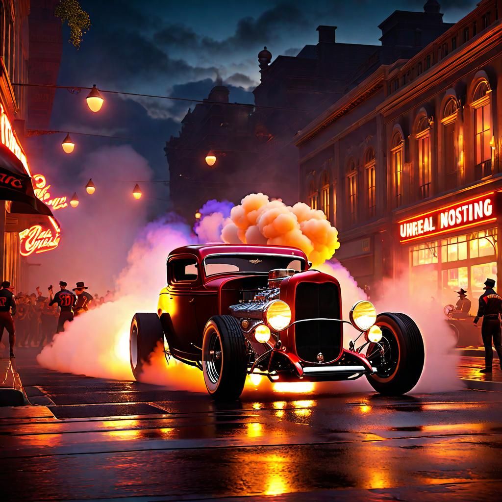 Hot Rod Drag Race on City Street in Fantasy Art