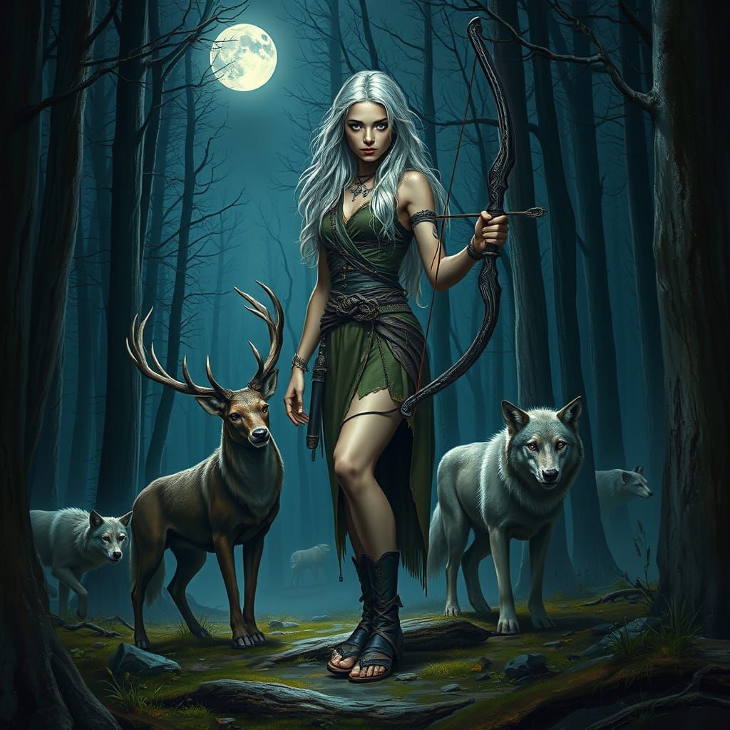 Silver-Eyed Goddess of the Hunt in Dark Fantasy Style