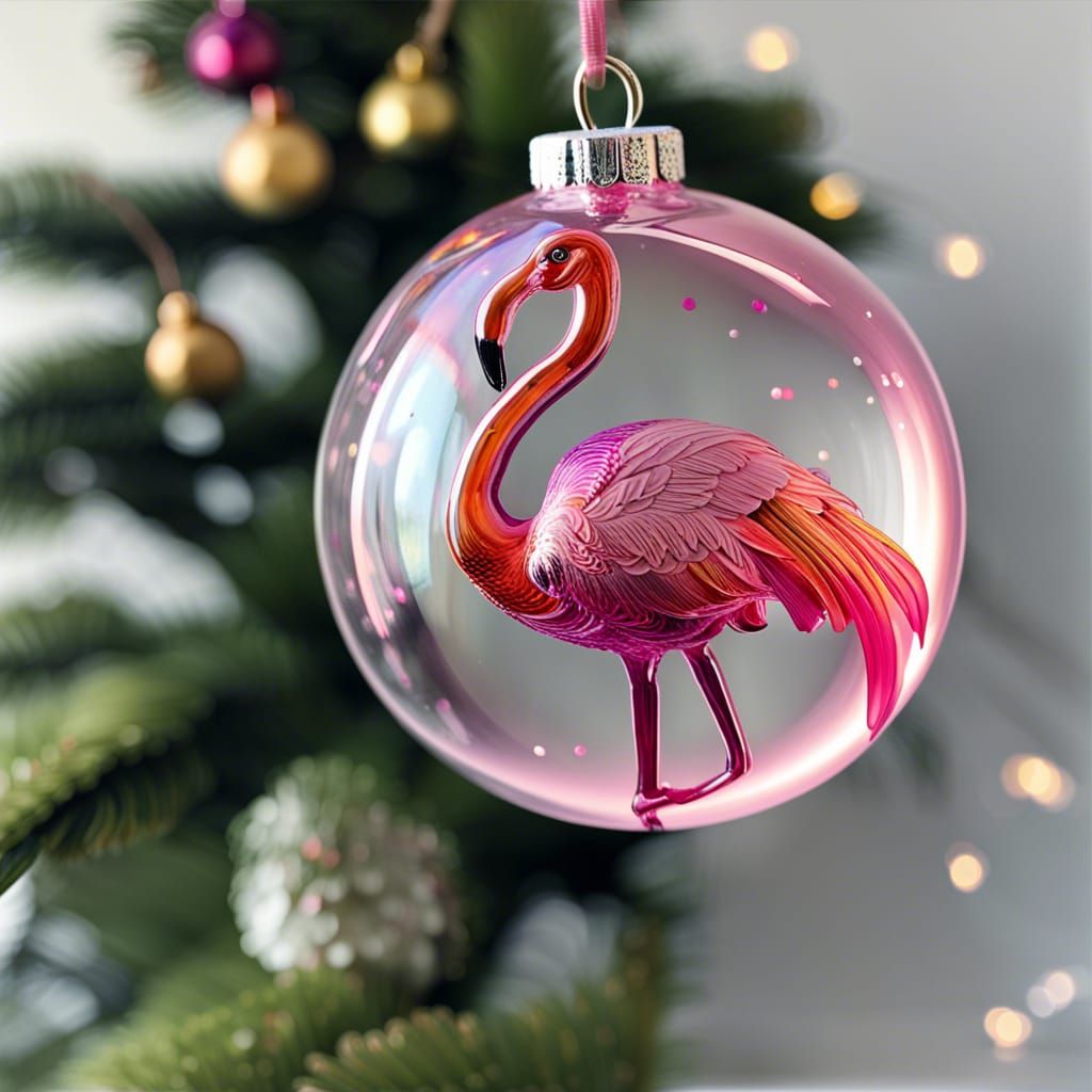 Glass blown flamingo in a Christmas Bauble.