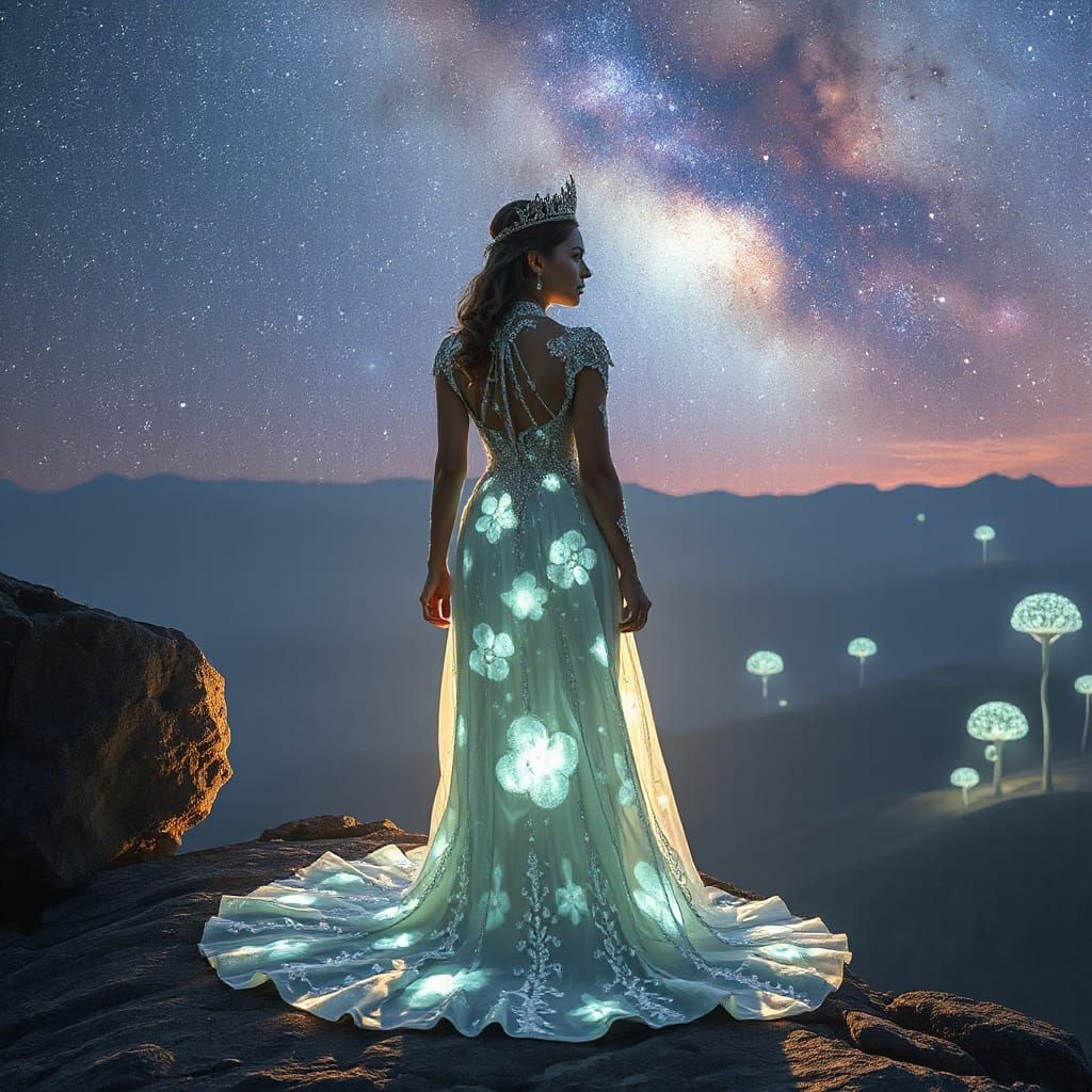 Bioluminescent Gown on Cliff Overlooking Nebula