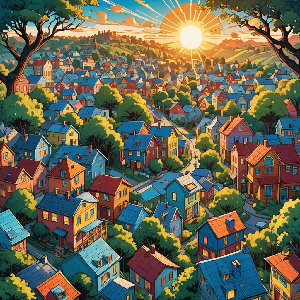 Smiling Sun Rises Over Town: Cartoon Comic Art