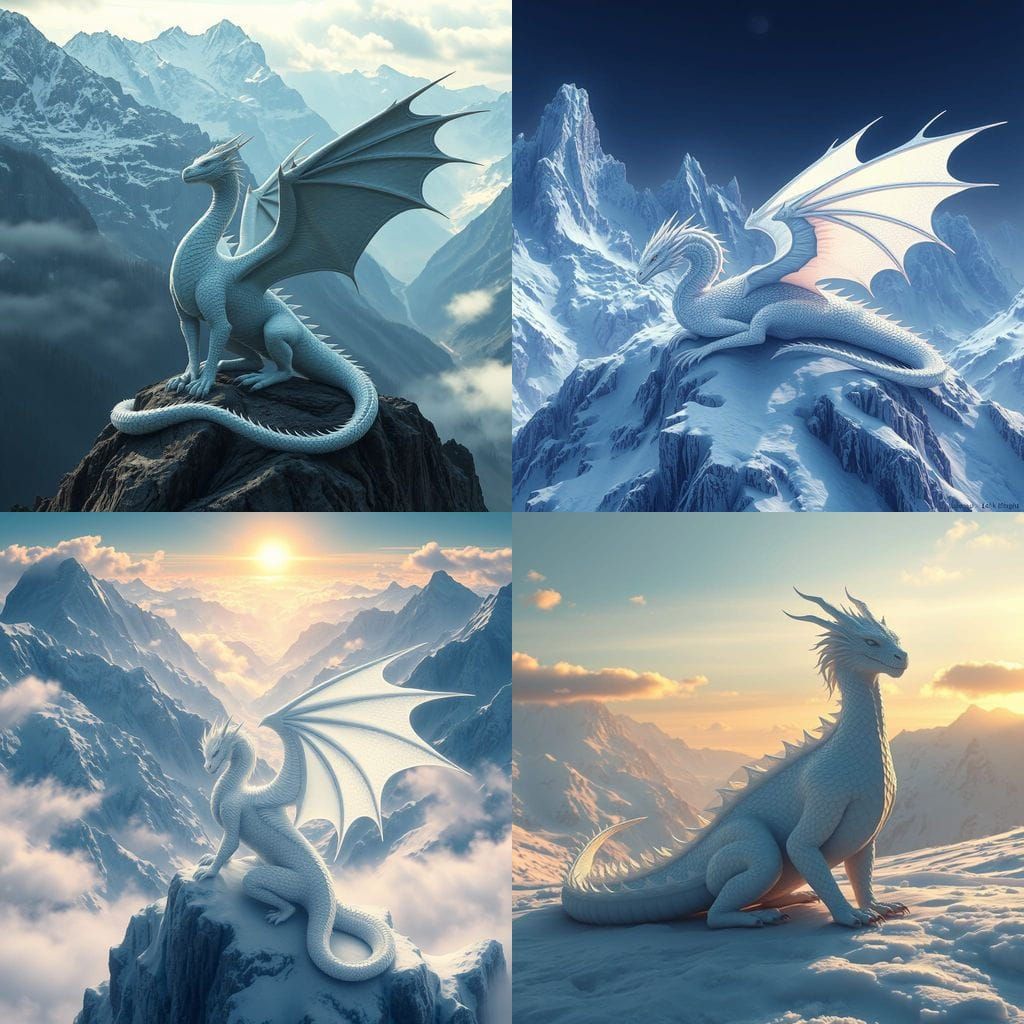 Ethereal White Dragon Surrounded by Snowy Peaks in Fantasy C...