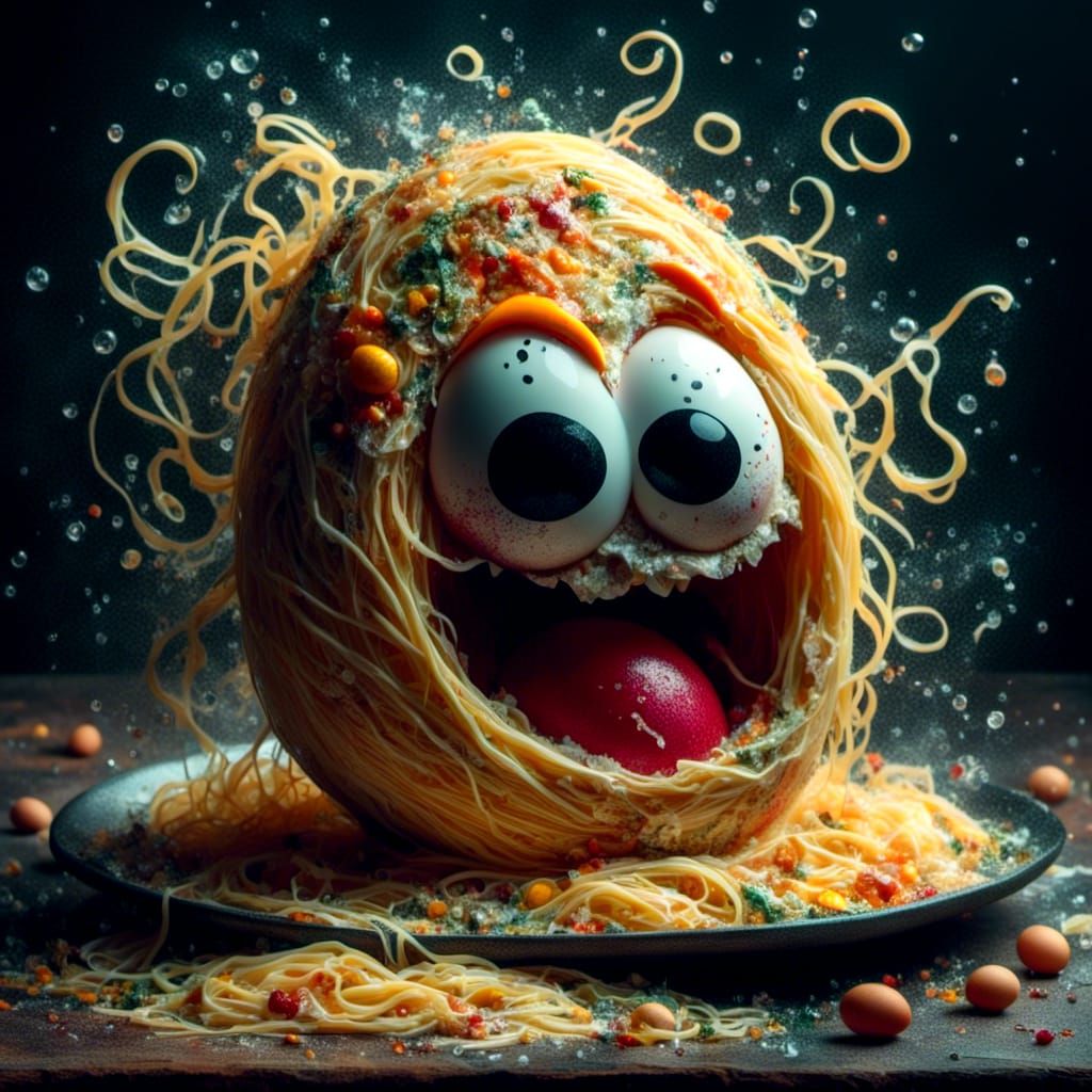 Angry Egg with Spaghetti in Liquid Pour Style