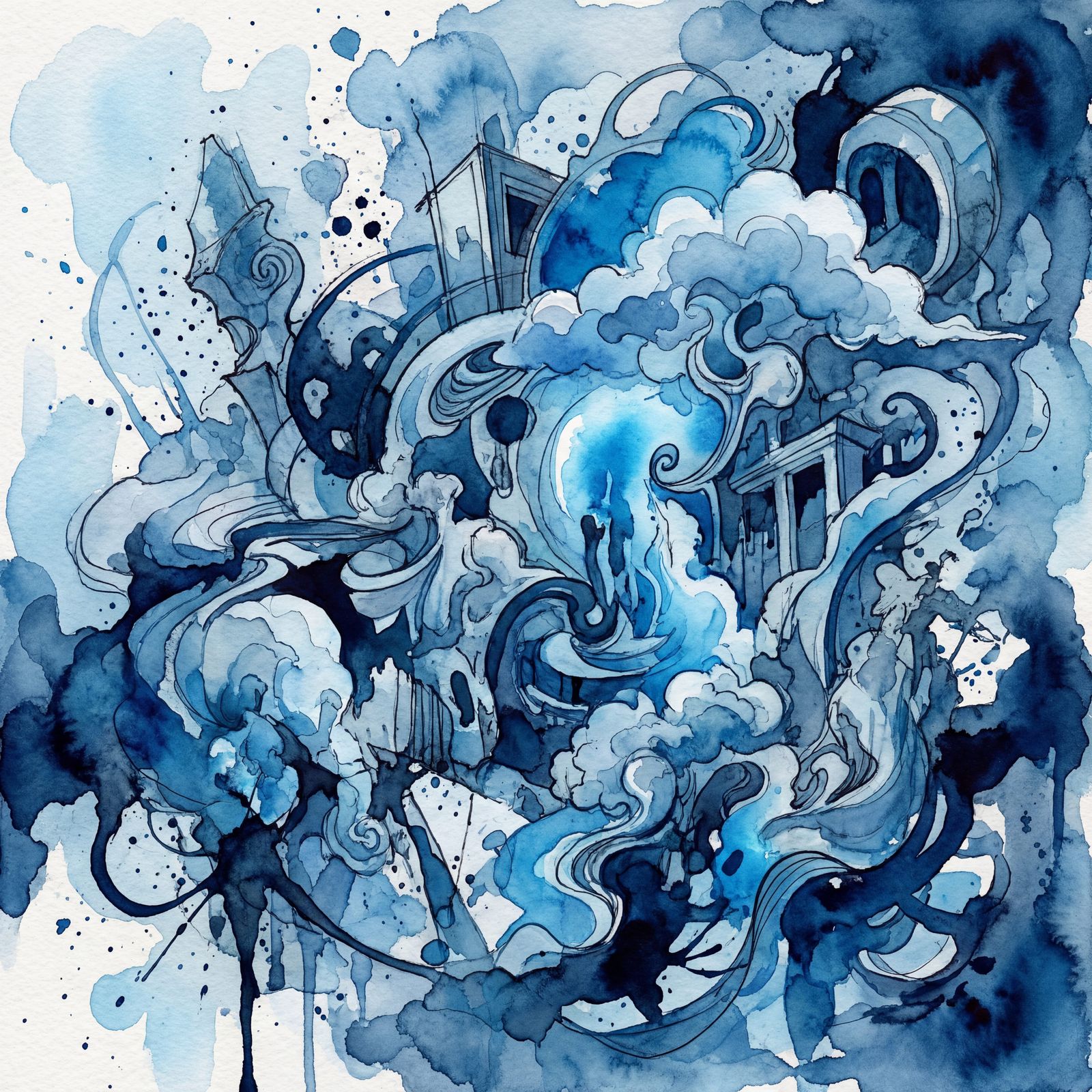 Surreal Blue Dreamscape Watercolour Painting