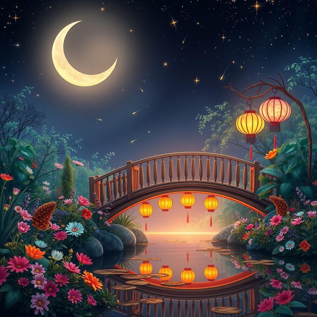 🌙✨nighttime garden scene with a small wooden bridge✨🌙