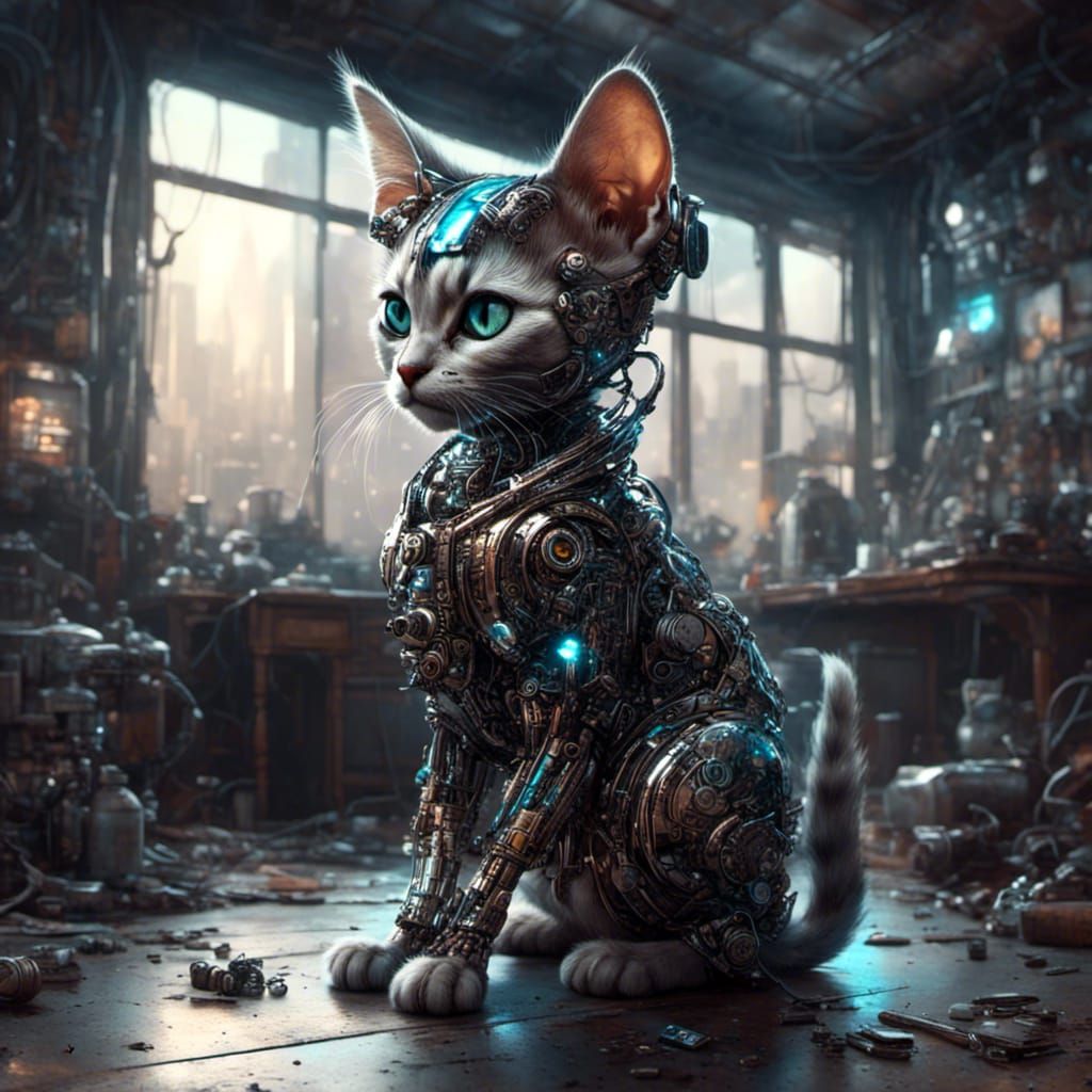 A cyborg kitten, in a bright futuristic appartement <lora:Anthropomorphic:1.0>