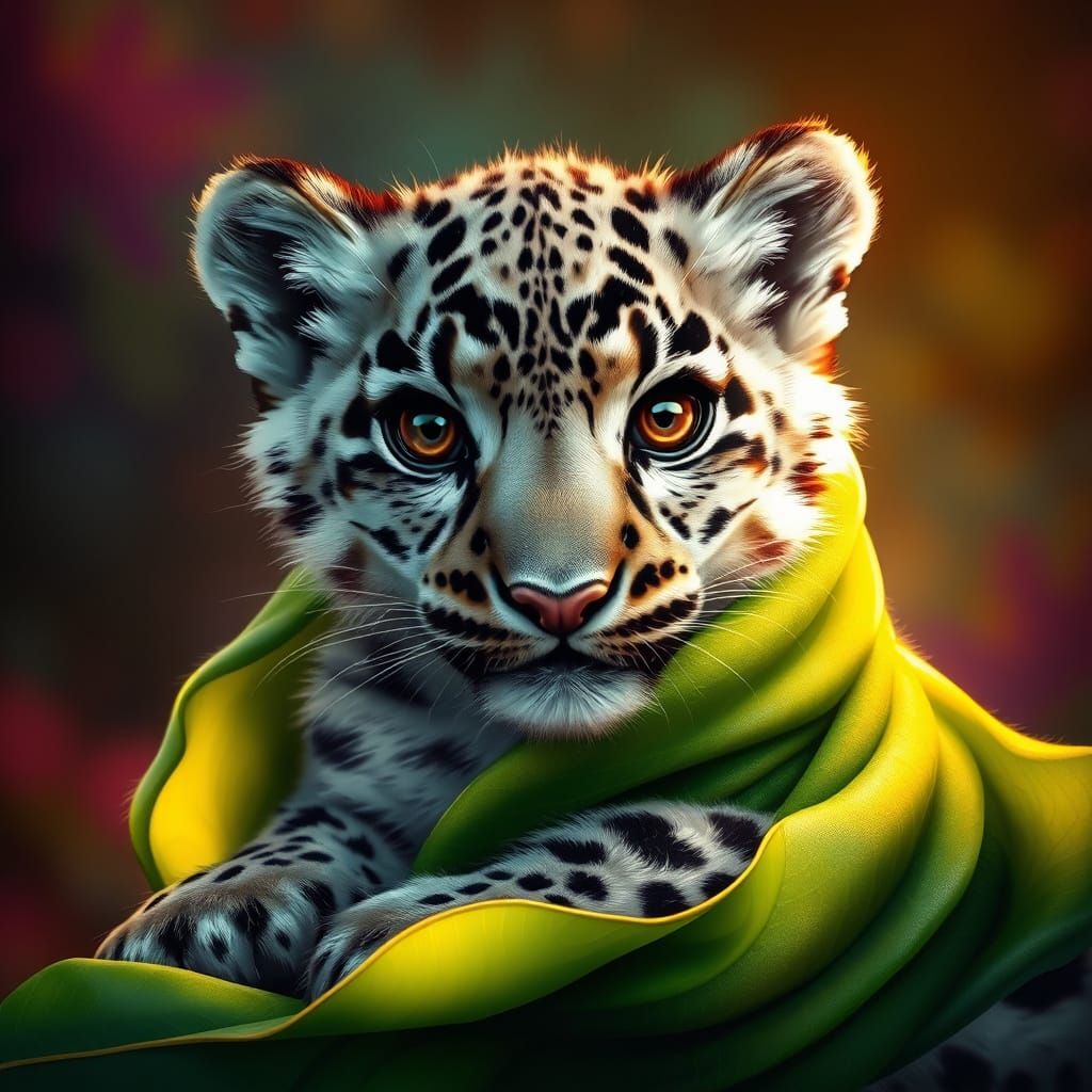 Mystical Snow Leopard Cub Enveloped in Green Leaf