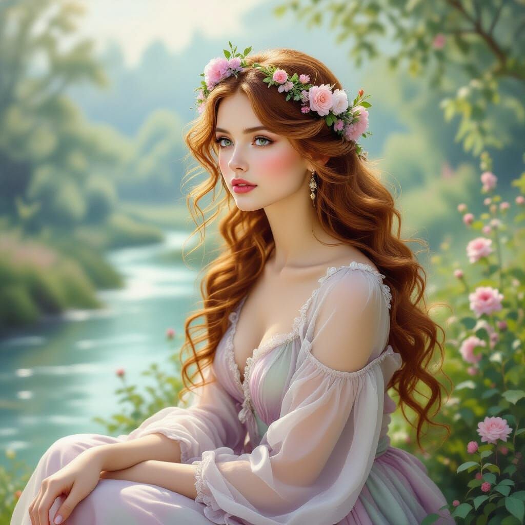 Ethereal Portrait of a Woman with Floral Crown in Romantic S...