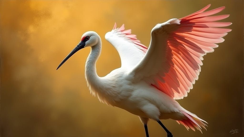 Elegant White Crane with Pink Wings in Chiaroscuro Style
