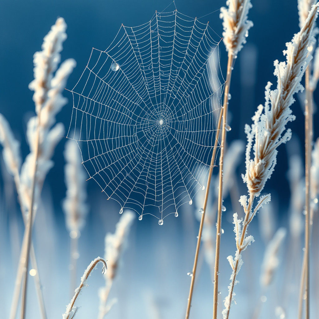Frozen Spiderweb in Winter Landscape