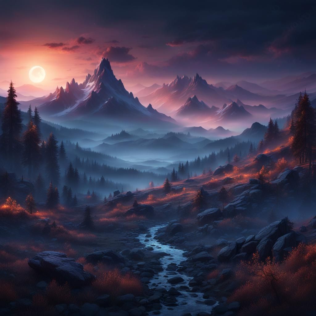 Misty Mountain Landscape at Night in Detailed Matte Painting
