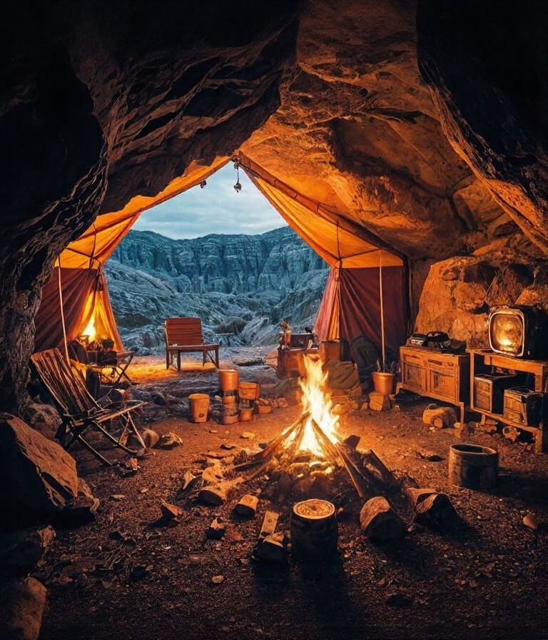 Cozy Cave Tent with Campfire and Survival Gear