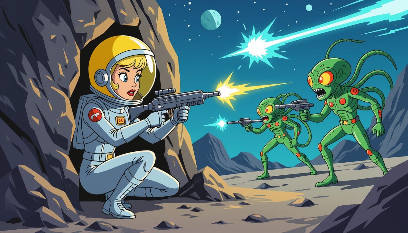 Space Woman Evades Aliens in 1960s Cartoon Style