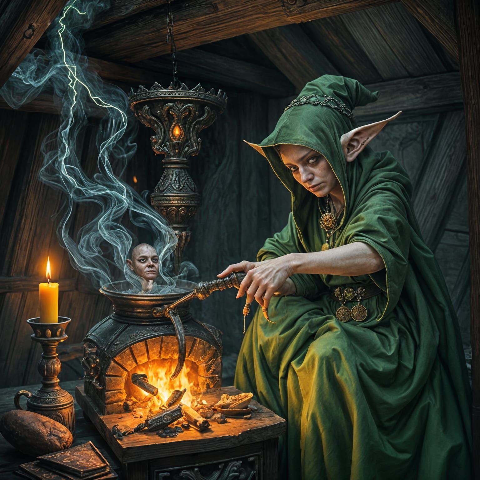 Enchanted Goblin Sorceress in Whimsical Cabin
