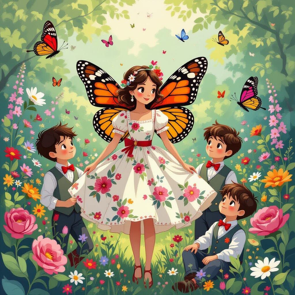 Butterfly in Floral Dress in Whimsical Garden