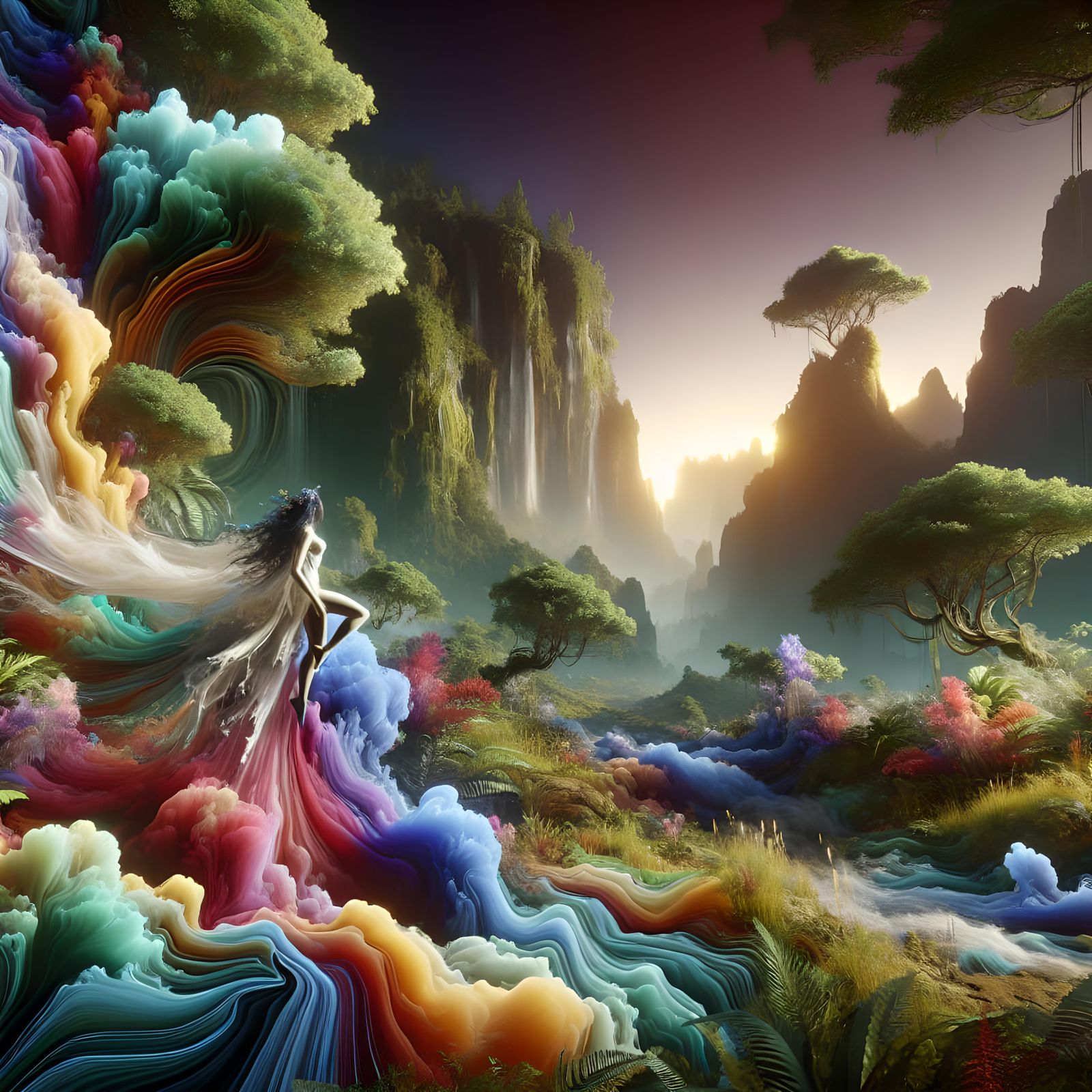 Woman Falling into Mystic Jungle, Alcohol Ink Style