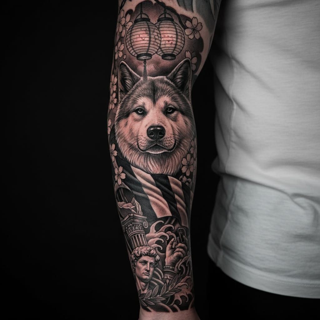 Akita Tattoo Design with Japanese Elements