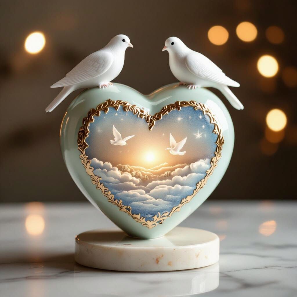 Heart Urn with Doves: Pastel Sand Enamel Finish