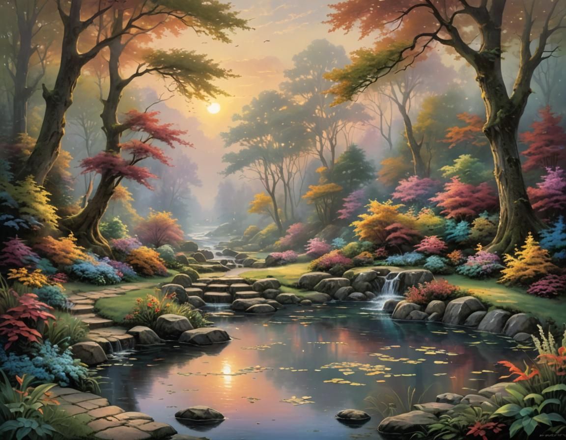 Ethereal Sunset Over Crystal Pond: Luminist Fantasy