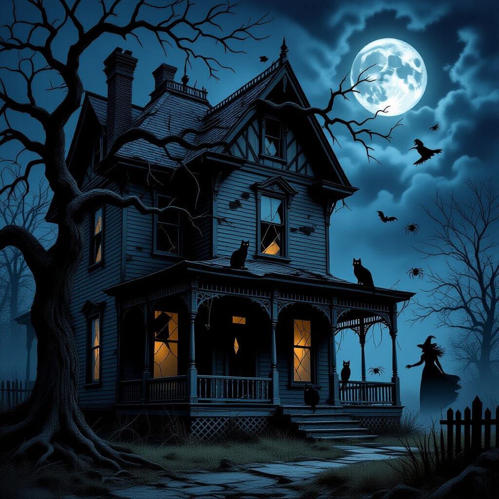 Gothic Victorian House at Night with Ominous Tree