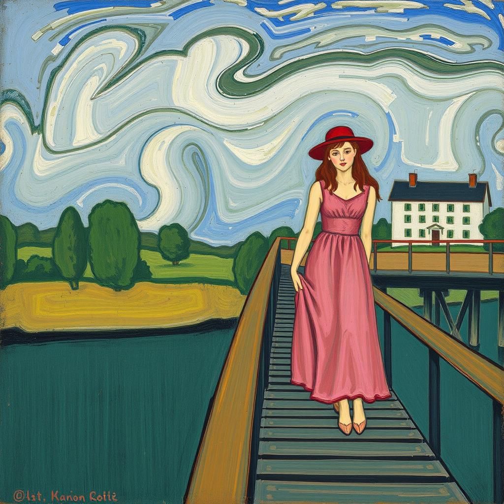 Figures on Bridge in Expressionist Style