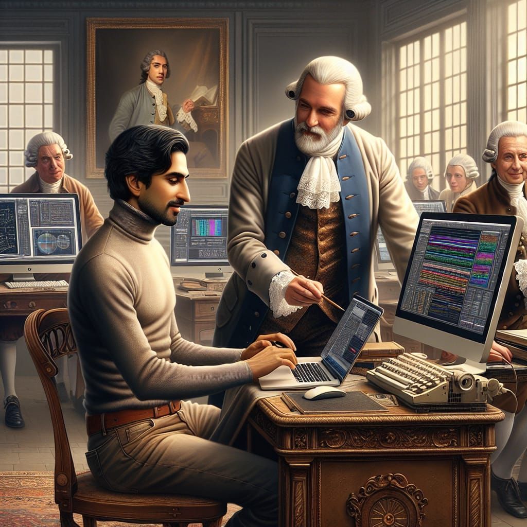 Historical Figures Collaborate on Laptop: Matte Painting