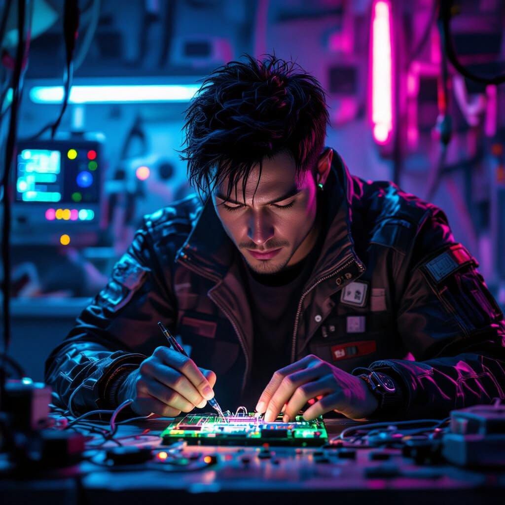 Cyberpunk Engineer Soldering Medical Device in Neon Workshop