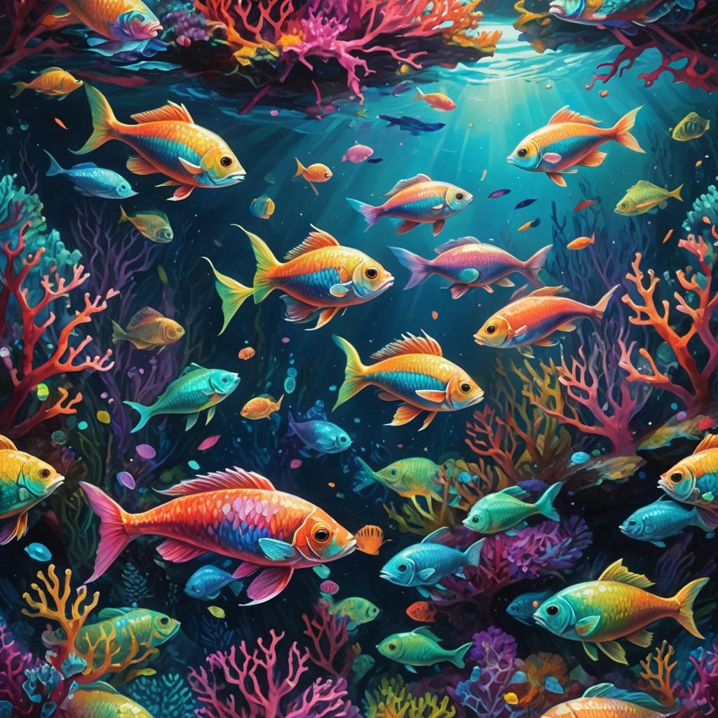 Rainbow Fish in Coral: Fantasy Oil Painting