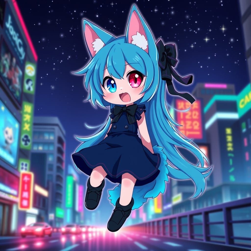 Neon Whirlwind Catgirl Dances Under Starry Night