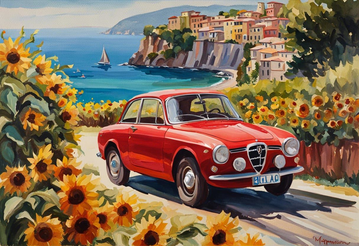 Alfa Romeo on Italian Coast in Gouache Style