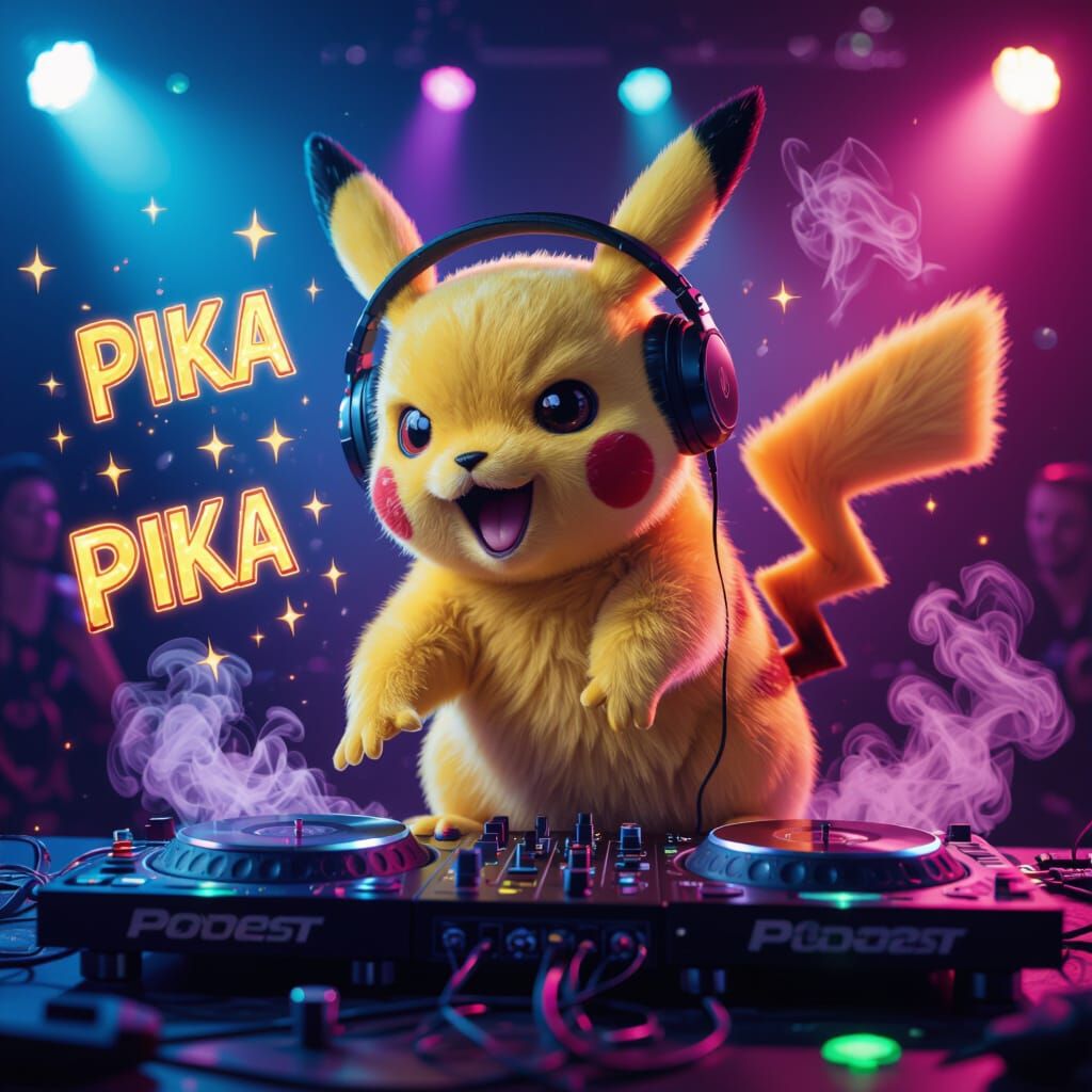 Pikachu DJ Mixing Music in Vibrant Club Lighting