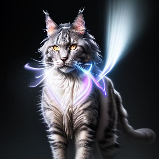 smokey phantom ghostly masculine supernatural giant Mainecoon calico cat glowing chest photorealism sharp focus retouche...