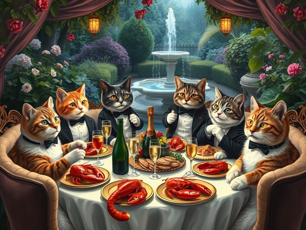 Feline Aristocrats Gather for Elegant Dinner