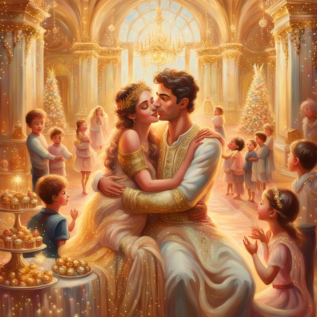 Goddess and Prince Embrace in Lavish Oil Painting