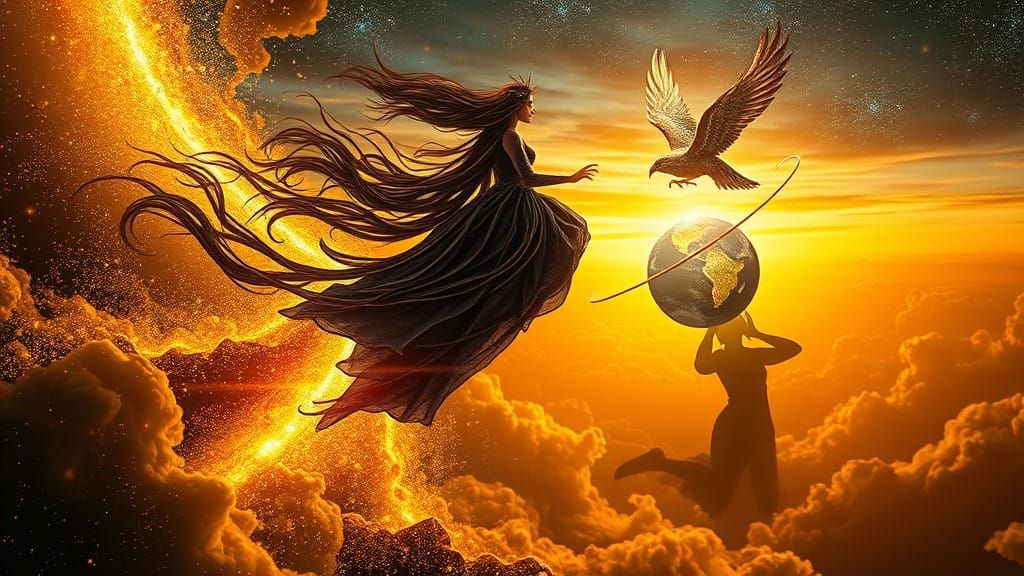 Cosmic Sorceress Rides Comet's Tail in a Dreamlike Celestial...