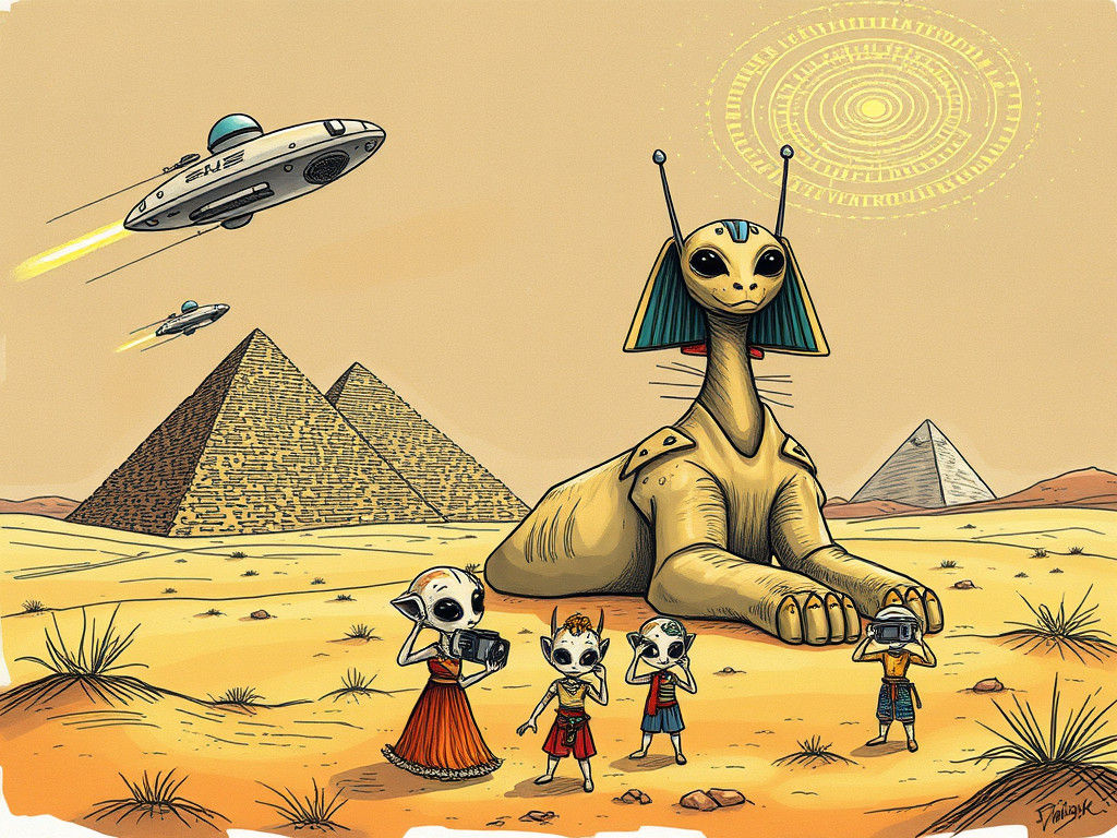 Alien Family Visits Pyramids in Whimsical Fantasy Desert