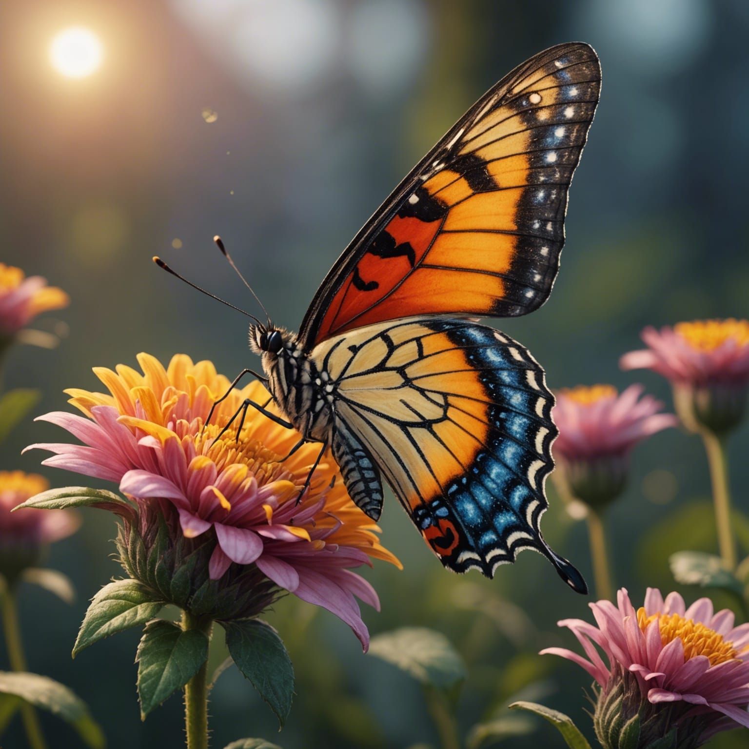Photorealistic Butterfly on Flower Bud at Sunrise