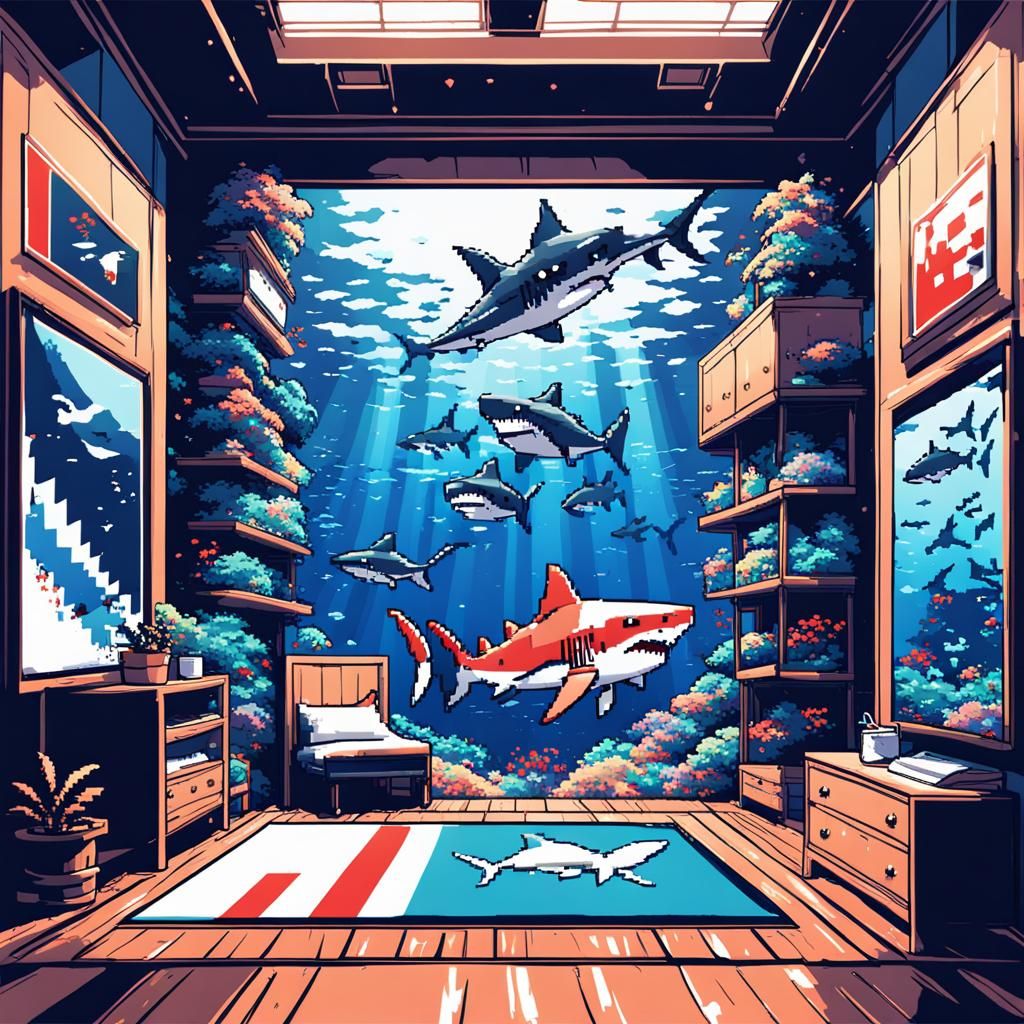 Vibrant 8-Bit Pixel Bedroom with Shark Attack