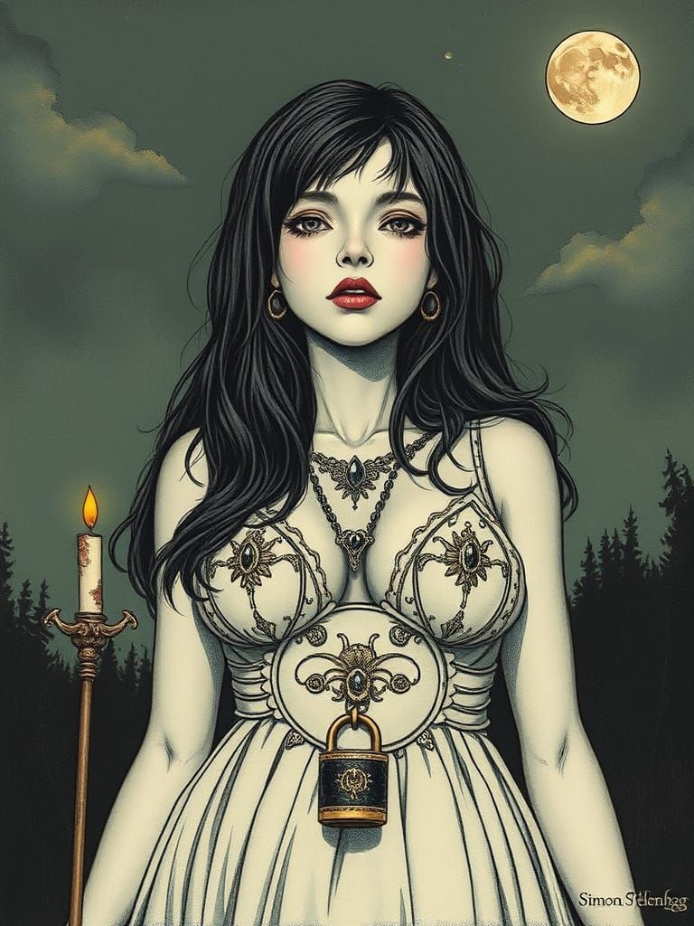 Gothic Woman with Jewels in Pen and Wash Style