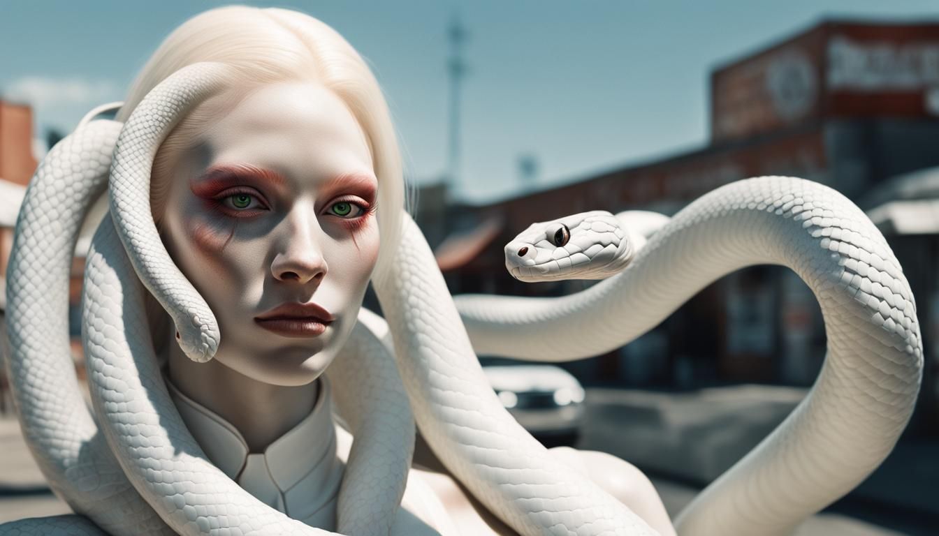 Hyperrealistic Albino Snake Girl in Cinematic Style