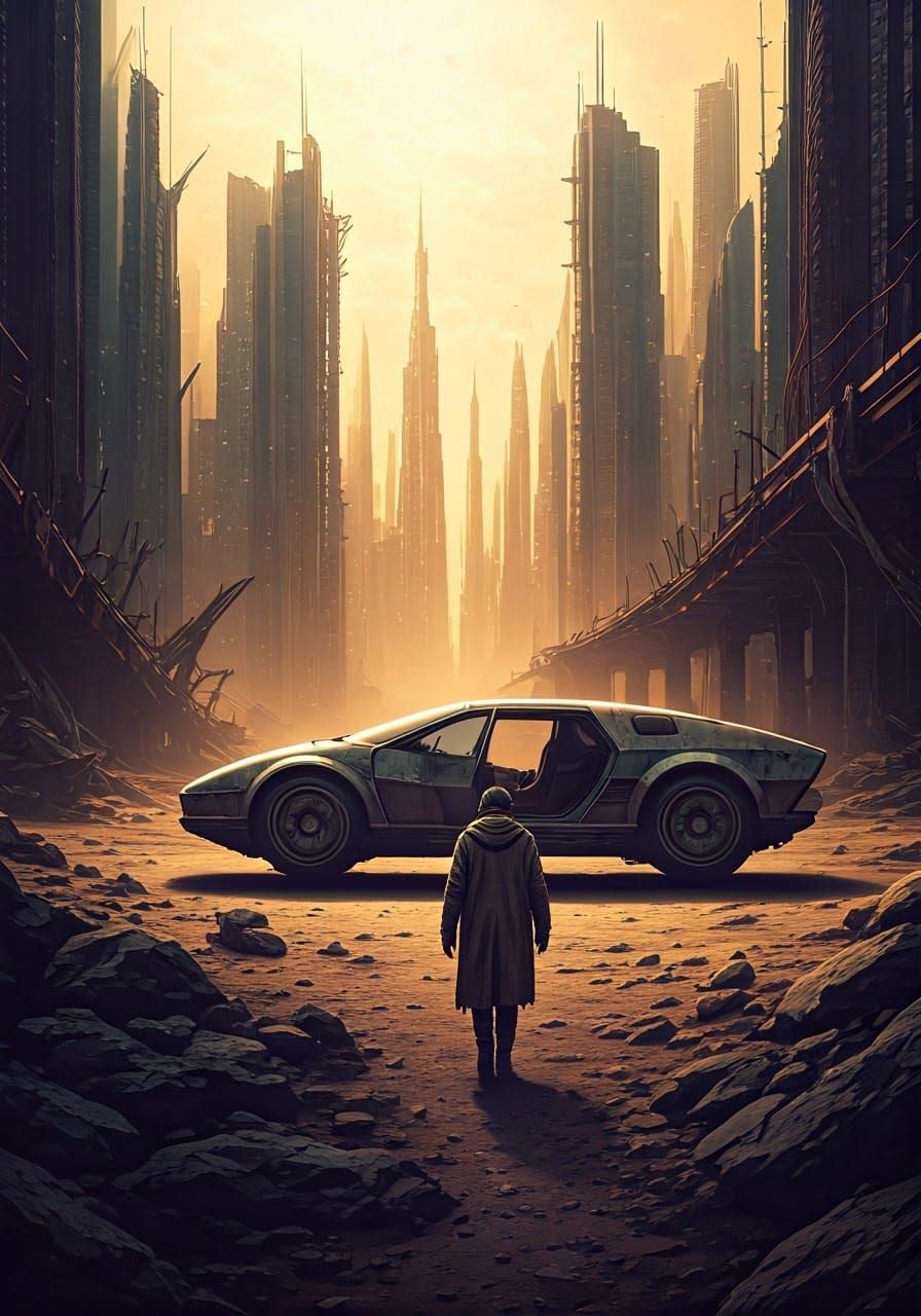Dystopian Future: Lone Figure Near Futuristic Car