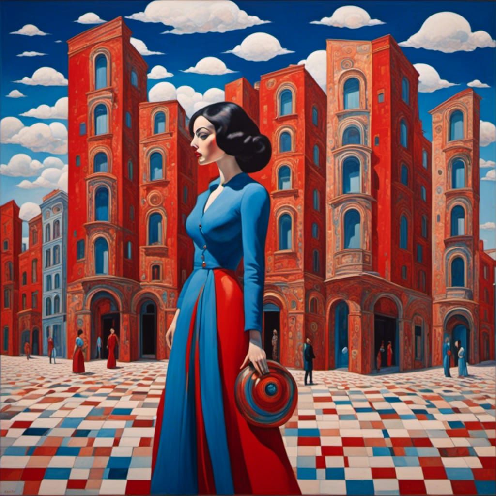 Surreal Woman in a Psychedelic Geometric Town
