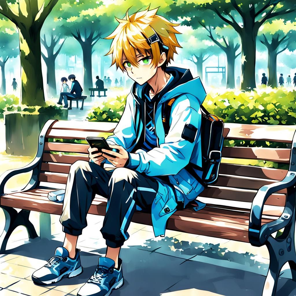 Anime Boy Gaming on Bench in Manga Style