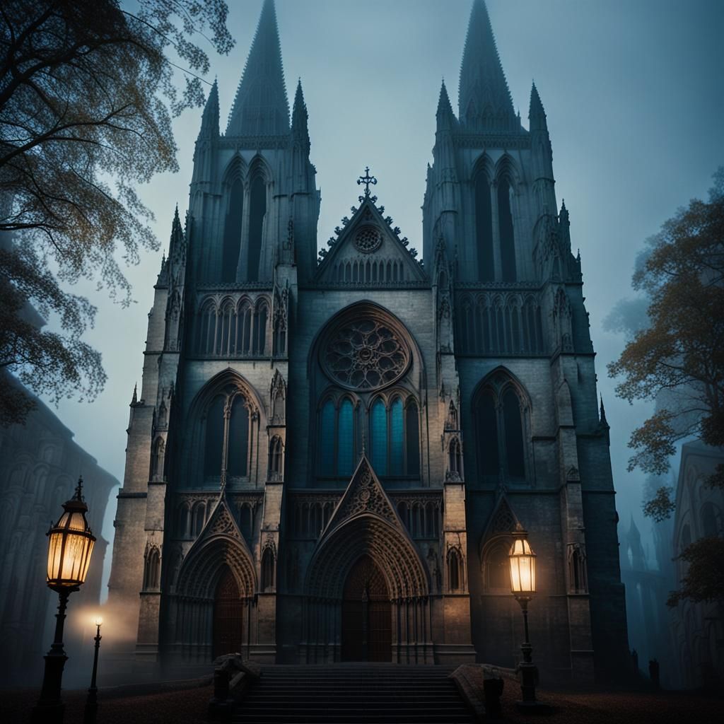Gothic Cathedral in Twilight Mist: Cinematic Film Still